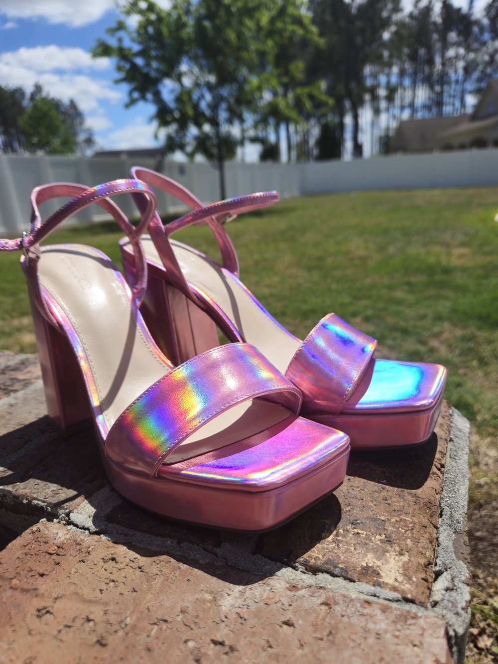 Holographic Pink Platform Block Heel Sandals
